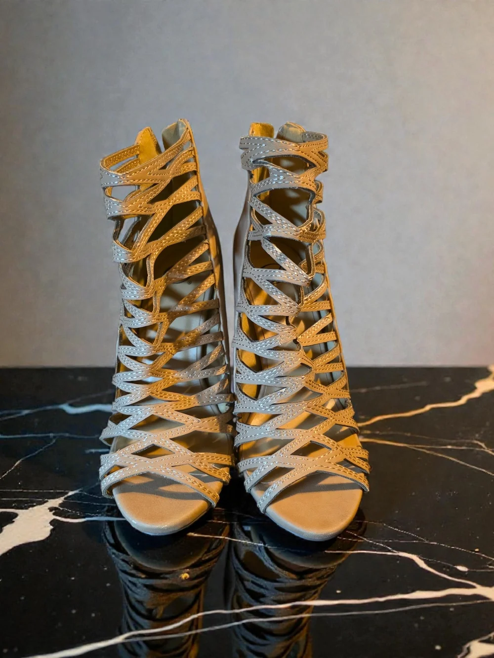 Beige Strappy Cage Stiletto Heels